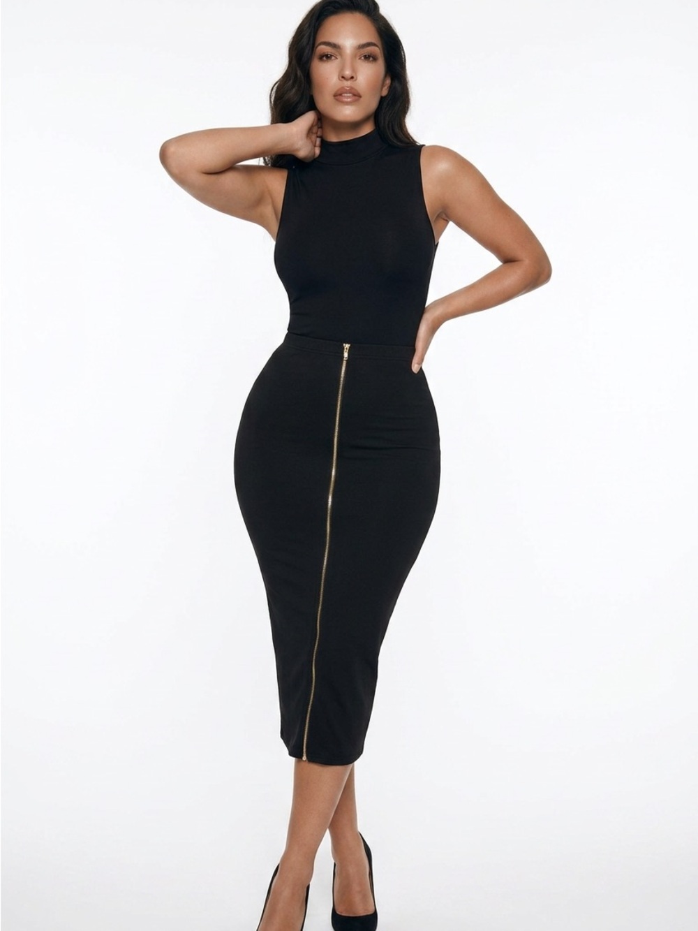 Black High-Waist Midi Pencil Skirt with Center Gold Zip